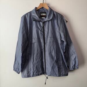 Totes Women's Full Zip Hooded Raincoat Jacket Black Navy Plaid Size Small/Medium